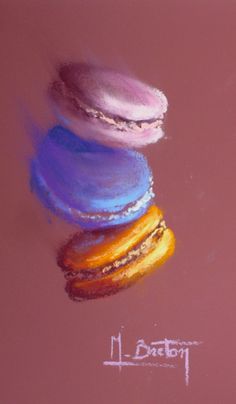 a painting of three donuts with frosting on them