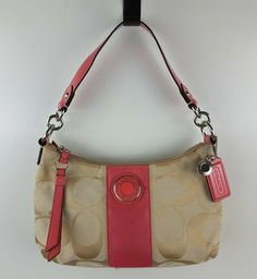 Coach Signature Stripe Demi Shoulder Bag Handbag F19218 Purse Beige Pink. Condition is "preowned".  Very good condition.  Missing shoulder strap.  Please see photos for detailed condition. Store Policies General Please review the listing description and photos carefully.  We try our best to identify and describe condition issues and provide measurements if relevant.  If you have any questions or need additional measurements, please contact us.  We are happy to help. If you are unhappy with your Handheld Coach Shoulder Bag With Handles, Coach Handheld Shoulder Bag, Luggage Bags, Grinch, Coach Bags, Bags Handbags, Shoulder Strap, Chanel, Purse