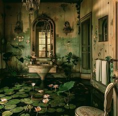 an old bathroom with water lilies in the pond and a chandelier hanging from the ceiling