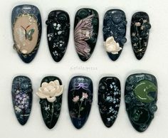 Dark Witch Nails, Dark Flower Nails, Garden Nails, Dark Garden, Gel Nails Diy, Bling Acrylic Nails, Luxury Nails