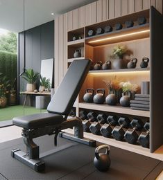 a home gym with weights, kettles and plants