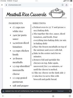 the recipe for meatball rice casserole is shown