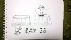 a drawing of a woman sitting at a table with a record on it and the words'28 day'written in front of her