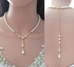 Pearl Backdrop Necklace-Lisa - PoetryDesigns Pearl Wedding Jewelry Sets, Bridal Jewelry Pearl Sets, Backdrop Necklace, Gold Necklace Wedding, Backdrops Necklace, Bridal Pearl Necklace, Pearl Necklace Designs, Pearl Bridal Jewelry, Gold Bridal Jewellery Sets