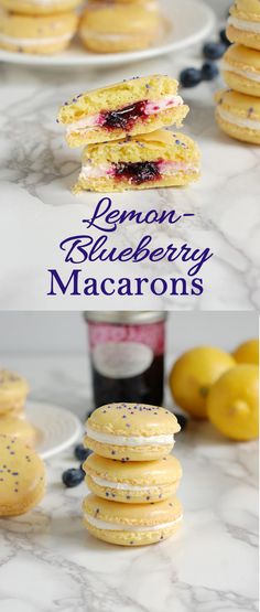 lemon blueberry macarons are stacked on top of each other with the words lemon blueberry macaroons above them