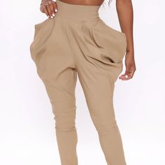 Unique Tan Pants Perfect For Making A Statement While Still Be Dressed Very Chic. Really Emphasizes And Cinches The Waist Area. Nwt Harem Pants Fashion, Leather Shorts Women, Fashion Nova Jumpsuit, Black And White Pants, Tie Dye Jumpsuit, Harem Pant, Tan Pants, Feeling Confident, 60 Fashion