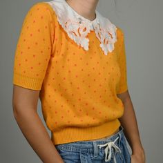 "1970s vintage short sleeve sweater.  The cutest sunflower yellow sweater with orange polka dots. made in Britain. looks super cute layered with a collar. (collar in pictures not included!) 🔎 CONDITION Great vintage condition. ) girls vintage size 14. fits like a small. modeled on a size small.  👩🏻 MY STATS Height ▫️ 5'9\" Bust ▫️ 34\" Waist ▫️ 26\" 🧵 MATERIALS 100% acrylic Brand: St. Michael" Closed Heart, Beetle Earrings, 70s Sweater, 70’s Aesthetic, Fashion 70s, Womens Pullover Sweaters, Sunflower Yellow, Sweater Cute, Y2k Clothing