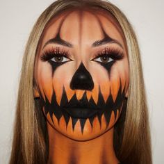 Pumpkin Faces Makeup Ideas, Pumpkin Face Makeup Men, Scary Pumpkin Halloween Makeup, Black And Orange Halloween Makeup, Pumpkin Face Paint Women, Halloween Pumpkin Makeup Looks, Scary Pumpkin Face Makeup, Sam From Trick Or Treat Makeup