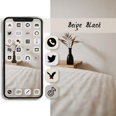 an image of a remote control next to a bed with icons on it and a plant in a vase