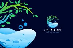 the logo for aquascape is shown above an image of a tree and fish