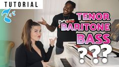 two people standing in front of a piano with the words tenor baritone bass??