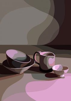 three cups and saucers sitting on a table with an abstract design in the background