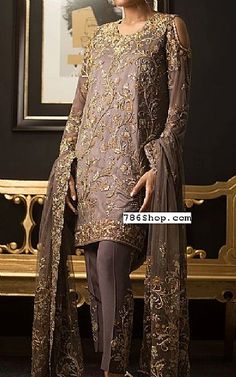 Mauve Chiffon Suit -  Pakistani Party Dresses and Formal Wear Elegant Sheer Sets For Festive Occasions, Elegant Sheer Sets For Festive Season, Gold Fitted Georgette Dress, Party Dress With Dupatta For Party Season, Party Dress With Dupatta, Festive Sheer Organza Dress, Festive Fitted Sheer Dress, Festive Sheer Dresses, Party Dresses With Zari Work In Chiffon