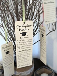 graduation wishes hanging from the top of a vase with branches in it and writing on them