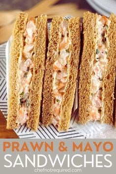 Sandwiches with prawn filling on a wooden board with napkins. Shrimp Sandwich Recipes, Prawn Sandwich, Salad Filling, Marie Rose Sauce, Shrimp Sandwich, Prawn Salad, Aussie Food, Prawn Cocktail, Cold Sandwiches