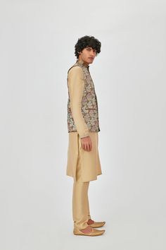 Taupe / sand tissue appliqued and heavy embelished tissue bandi with colar and placket embroidered dupion kurta and pant. DELIVERY TIMEPlease allow 6-8 weeks for your outfit to arrive. Professional cleaning only. Change Image, Your Outfit, Professional Cleaning, 8 Weeks, Body Measurements