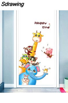 an open door with the words happy time and cartoon animals on it in front of a blue wall