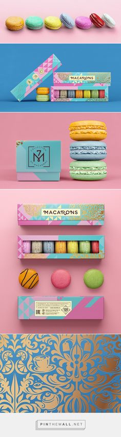 macarons are stacked on top of each other in different colors and shapes,