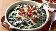 Creamed Spinach With Bacon is a rich, comforting dish that combines tender spinach leaves with a creamy, flavorful sauce enhanced by the smoky, savory taste Spinach With Bacon, Creamed Corn, Comfort Dishes, Creamed Spinach, Spinach Leaves, Dinner Sides, Veggie Dishes, Veggie Recipes, Spinach