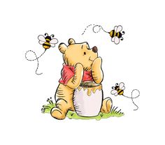 a winnie the pooh honey pot with some bees flying around it and another cartoon character holding