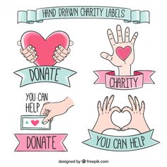 hand drawn charity labels with hearts and hands