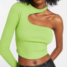 Size: Small Color: Lime Green Asymmetrical, One Sleeve Crop Top With Fun Neck Detail Trendy Cropped One Shoulder Top For Spring, Trendy Cropped One-shoulder Top For Spring, Green Fitted Top With Asymmetrical Hem, Green Fitted Tops With Asymmetrical Hem, Trendy Ribbed One Shoulder Top, Spring Ribbed One Shoulder Top, Fitted Green Top With Asymmetrical Hem, Ribbed One-shoulder Top For Spring, Spring Ribbed One-shoulder Top