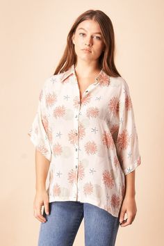 Seascape Silk Kimono Blouse in Cream + Rose – SymbologyClothing Navy Trousers, Kimono Blouse, Coral Print, Traditional Fabric, Cream Roses, Ethical Clothing, Silk Kimono, Women Artisans, Ecosystem