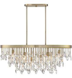 a large chandelier with crystal drops hanging from the bottom and gold metal frame