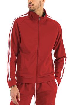 Regular Fit  Full Zip Jacket  Two Stripe Design on Sleeve  95 Polyester 5 Spandex Fitted Sportswear Outerwear With Ribbed Cuffs, Fitted Sports Track Jacket With Pockets, Stretch Long Sleeve Track Jacket With Pockets, Sporty Fitted Crew Neck Outerwear, Sporty Stretch Outerwear With Crew Neck, Fitted Track Jacket With Ribbed Cuffs For Sports, Sports Track Jacket With Pockets, Solid Stretch Track Jacket For Winter, Fitted Moisture-wicking Tracksuit With Long Sleeves