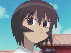 an anime character with black hair and brown eyes looks at the camera while standing in front of a building