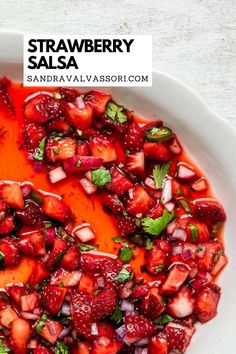 strawberry salsa in a white bowl on a table