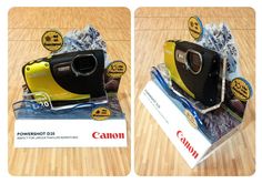 two pictures of a yellow and black camera on top of a wooden table next to each other