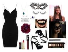 a woman in a black dress and accessories including lipstick, eyeliners, mascara, bracelets