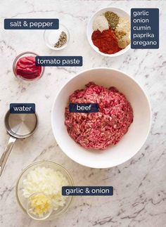 ingredients to make an italian meatloaf recipe on a marble counter top with text overlay