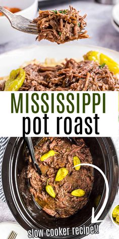 the recipe for mississippi pot roast is shown on a plate with a fork in it