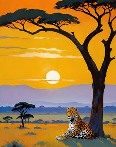 a painting of a cheetah sitting under a tree in the savannah at sunset