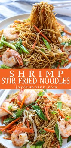 shrimp stir fry noodles on a white plate