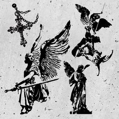 three black and white images of angels with wings, holding swords and standing on the ground