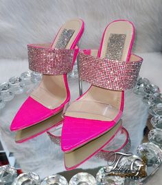 The Pink Ice Crystal heels are bling heaven. They are hot pink mules embellished with clear rhinestone. The pics you see here does not do the actual shoes justice. 4.5 inch heels Heels are true to size. Processing takes 3 days to create and 3-4 days for shipping (depending on your location) Ice Heels, Hot Pink Shoes, Pink Mules, Country Interiors, Hot Pink Heels, Cute Shoes Heels, Rose Shoes, Crystal Heels, High Fashion Outfits