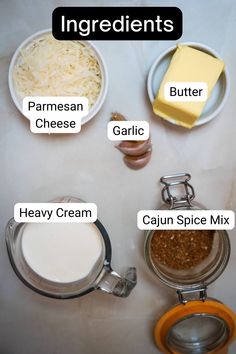 ingredients needed to make cheese sauce on a counter top with the words ingredients above them