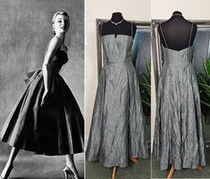 This stunning, vintage,  silk taffeta dress  was made circa 80s and incredibly, is in immaculate, vintage condition!  This fantastic  taffeta dress  has a gorgeous,  neckline, with a boned bodice, skimming the figure beautifully, before forming, a  fit and flare dress  silhouette, with netted underlayers, giving it an iconic, 1950s,  ball gown  look.  Expertly crafted, from a high quality  silk taffeta fabric, it has an incredible sheen to it.  This beautiful  tea length dress  is an amazing, si Grace Kelly Dresses, Dresses 1950s Style, Old Hollywood Dress, Vintage Prom Dresses 1950s, Silver Prom Dress, Silk Prom Dress, Vintage Ball Gowns, 50s Fashion Dresses, 1950s Fashion Dresses