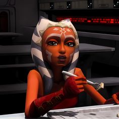 an animated character is sitting at a table with a knife and fork in her hand