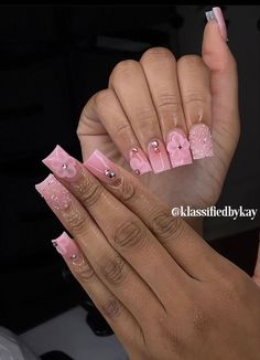 26th Birthday Nails Short, Square Tip Nails Short, Short Set Acrylic Nails Pink, Short Pink Nail Inspo Acrylic, Short But Extra Nails, Rhinestones On Short Nails, Valentines Day Nails Shorties, Pink Bling Nails Short, Short Acrylic Nails Rhinestones