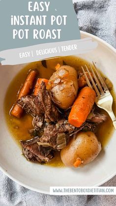 a white bowl filled with pot roast and carrots