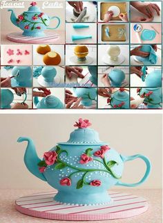 a collage of photos with teapots and flowers on the top one is blue