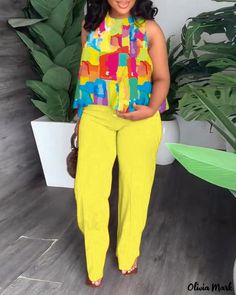 Color: yellow, Size: 3XL(18) Split Sleeve Top, Top Azul, Casual Summer Pants, Blue Two Piece, Two Piece Pants Set, Stylish Plus, Flowy Tank Tops, Floral Print Tops, Casual Tank Tops