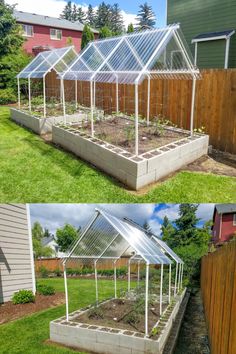 two pictures showing the different stages of building a greenhouse