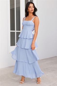 Length from bust to hem of size S: 120cm. Chest 39cm, Waist 33cm, across front only of size S. Maxi dress. Lined. Model is a standard XS and is wearing XS. True to size. Non-stretch. Embroidered neckline and shoulder straps with white ribbon. Tiered frill skirt. Tie up back. Textured fabrication. Zipper with hook eye closure. Cold hand wash only. Cotton/Polyester. A gorgeous style taking you from a fancy brunch to sunset dinners. The Ocean Spray Maxi Dress features an embroidered neckline with w Fancy Brunch, Bridesmaid Saree, Frill Skirt, Gorgeous Style, Ocean Spray, Brunch Dress, Prom Shopping, Wedding 2025, Maxi Dress Wedding