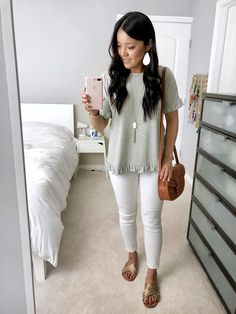 Casual Maternity Work Outfits Summer, Work Outfits With Sandals, Business Casual Outfits With Sandals, White Pants Teacher Outfit, Business Casual Outfits Pregnant Summer, Business Casual V-neck Summer Tops, Womens Summer Work Outfits, Teaching Outfits Summer, Boutique Work Outfit