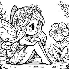 a little fairy sitting on the ground surrounded by flowers